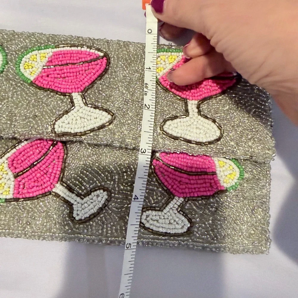 Rachel Zoe Silver Beaded Clutch with Pink Cocktail Motif w/ coin pouch